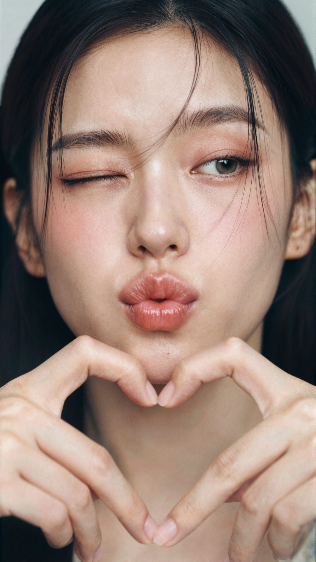 A vertical 7:9 extreme close-up portrait of a young Caucasian American woman of European descent,  photographed straight o...
