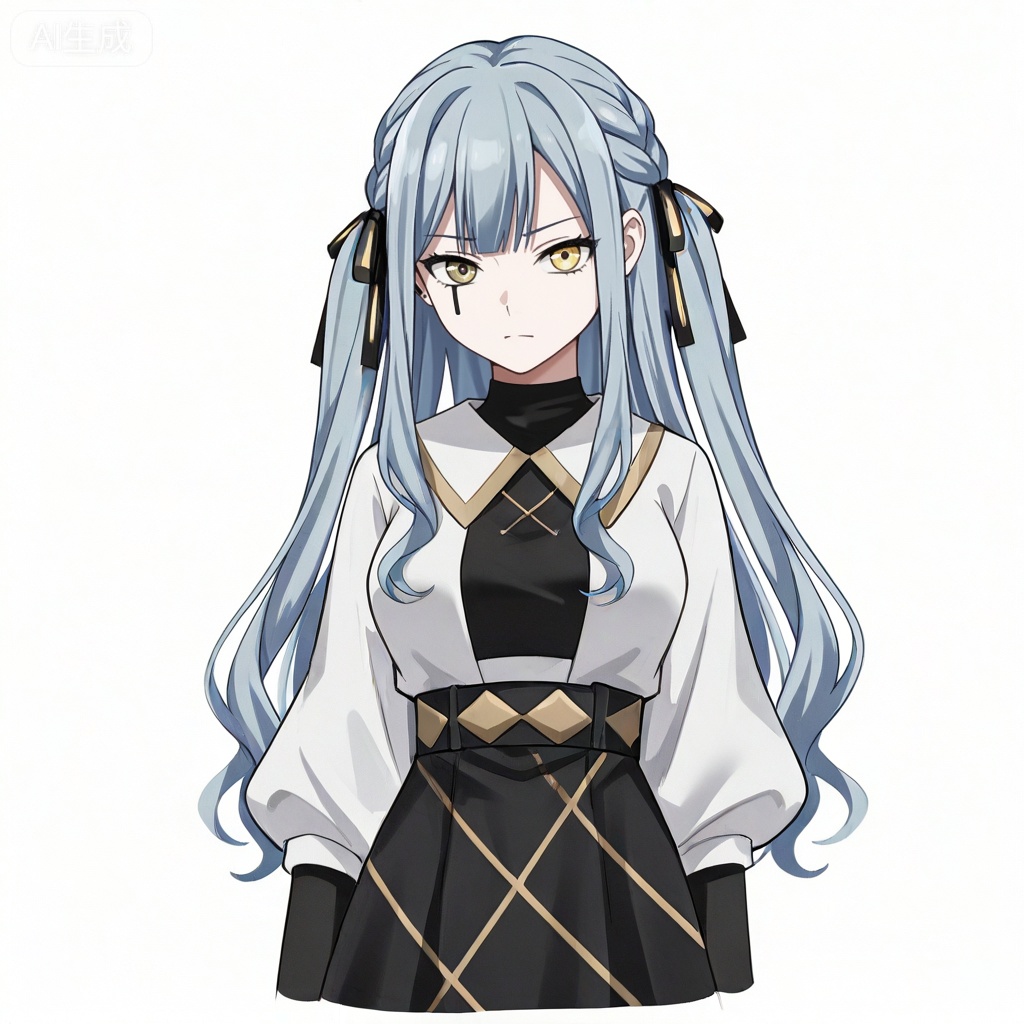 masterpiece, best quality,solo,white background,simple_background,togawa sakiko,cybersaki_style,bangs,ribbon,hair ribbon,black ribbon,two side up,braid,blue hair,grey hair,sidelocks,blunt bangs,heterochromia,yellow eyes,long hair,wavy hair,jewelry,white shirt,puffy sleeves,black skirt,high-waist skirt,black pantyhose,
