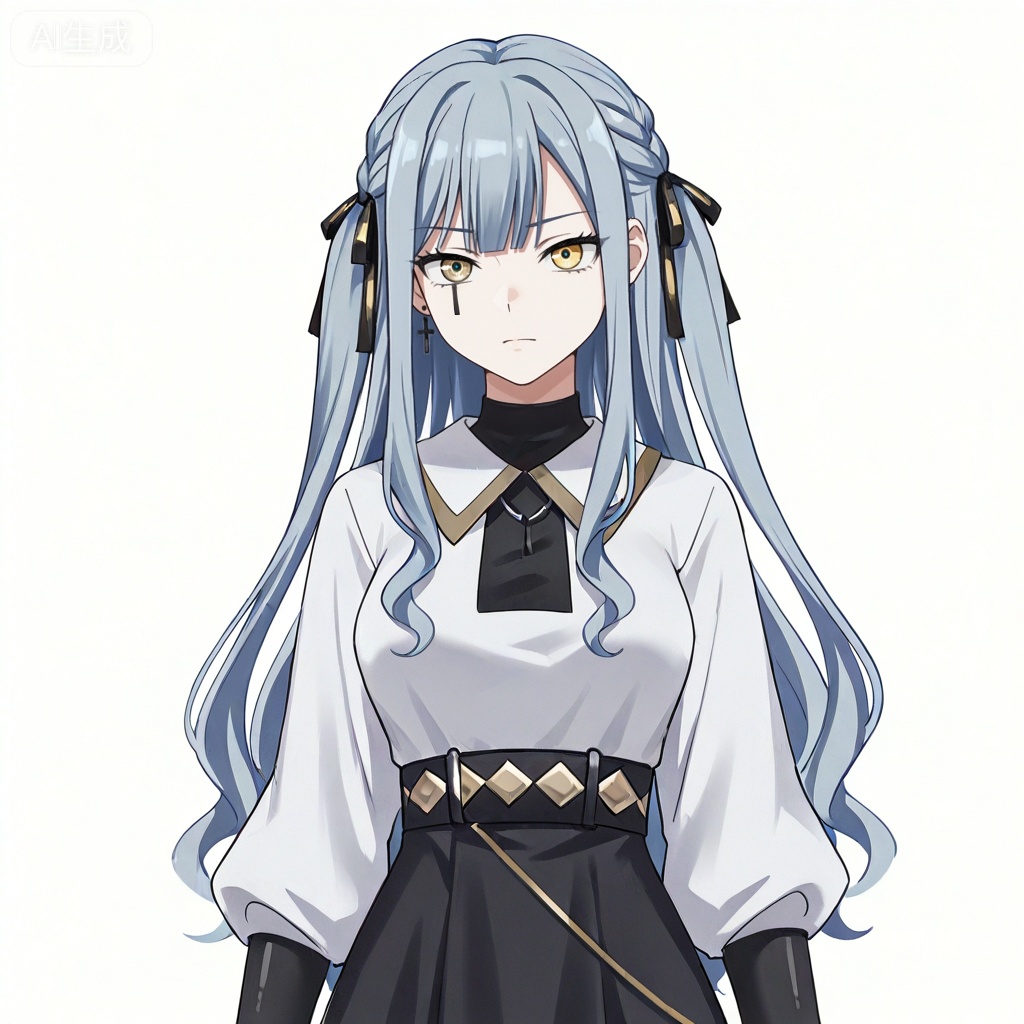 masterpiece, best quality,solo,white background,simple_background,togawa sakiko,cybersaki_style,bangs,ribbon,hair ribbon,black ribbon,two side up,braid,blue hair,grey hair,sidelocks,blunt bangs,heterochromia,yellow eyes,long hair,wavy hair,jewelry,white shirt,puffy sleeves,black skirt,high-waist skirt,black pantyhose,