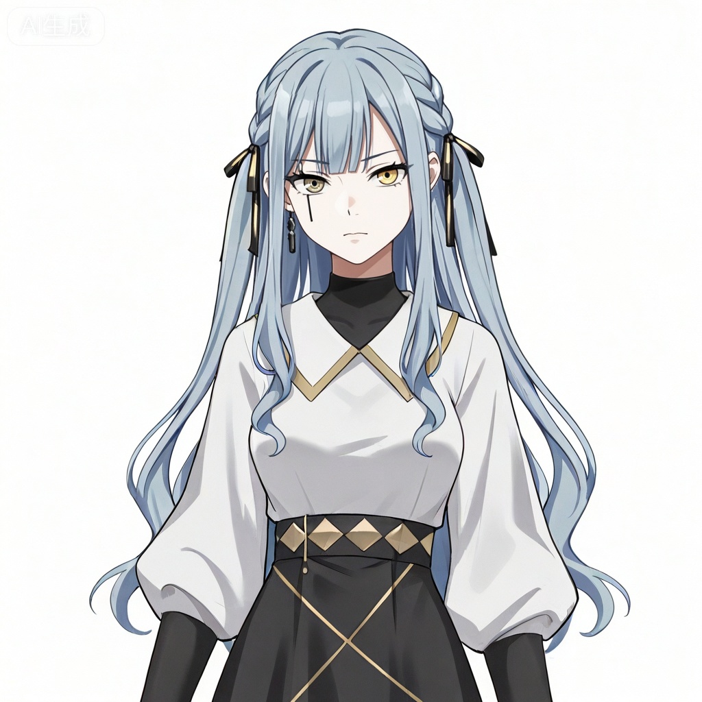 masterpiece, best quality,solo,white background,simple_background,togawa sakiko,cybersaki_style,bangs,ribbon,hair ribbon,black ribbon,two side up,braid,blue hair,grey hair,sidelocks,blunt bangs,heterochromia,yellow eyes,long hair,wavy hair,jewelry,white shirt,puffy sleeves,black skirt,high-waist skirt,black pantyhose,