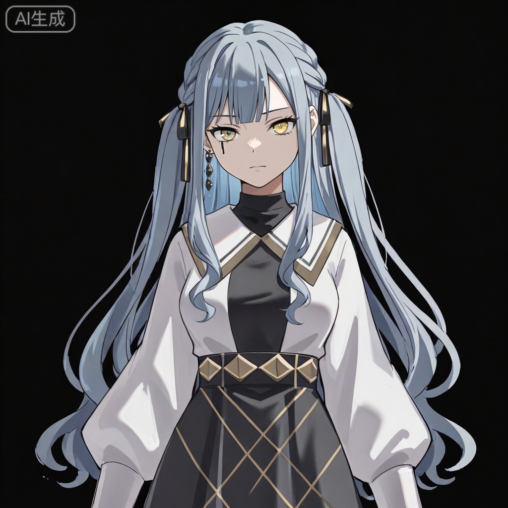 masterpiece, best quality,solo,white background,simple_background,togawa sakiko,cybersaki_style,bangs,ribbon,hair ribbon,black ribbon,two side up,braid,blue hair,grey hair,sidelocks,blunt bangs,heterochromia,yellow eyes,long hair,wavy hair,jewelry,white shirt,puffy sleeves,black skirt,high-waist skirt,black pantyhose,