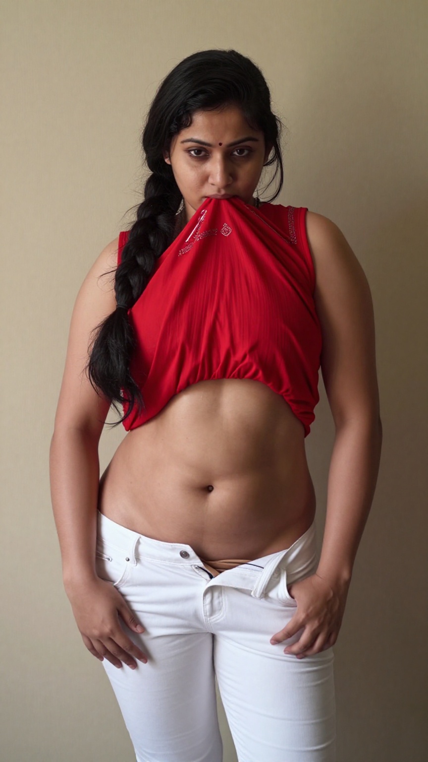 A realistic medium shot of a young Indian woman standing indoors against a plain,  textured beige wall. She has long,  dar...