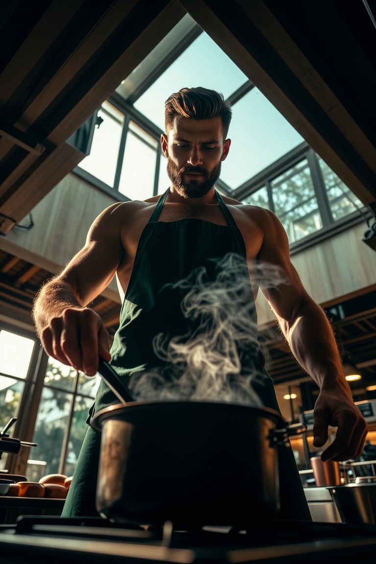 [Subject] The image shows a muscular man wearing a dark green apron,  standing in a kitchen. He has short,  styled hair an...