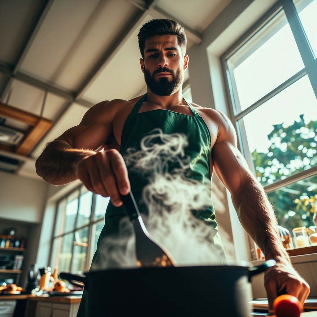 [Subject] The image shows a muscular man wearing a dark green apron,  standing in a kitchen. He has short,  styled hair an...