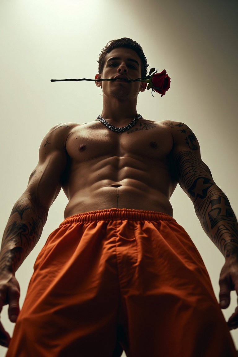 [Subject] The image shows a shirtless man with a well-defined muscular physique. He is wearing a chain necklace and orange...