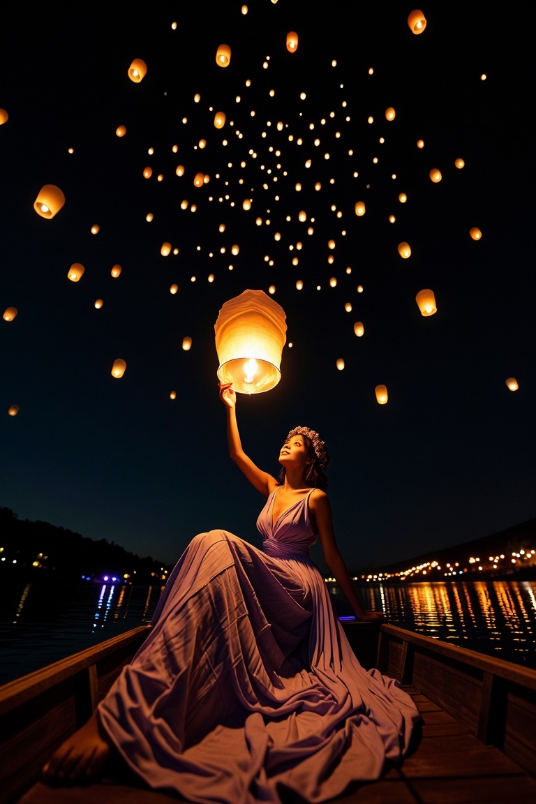 [Subject] The image depicts a serene nighttime scene with a woman in a lavender dress sitting in a boat. She is holding a...
