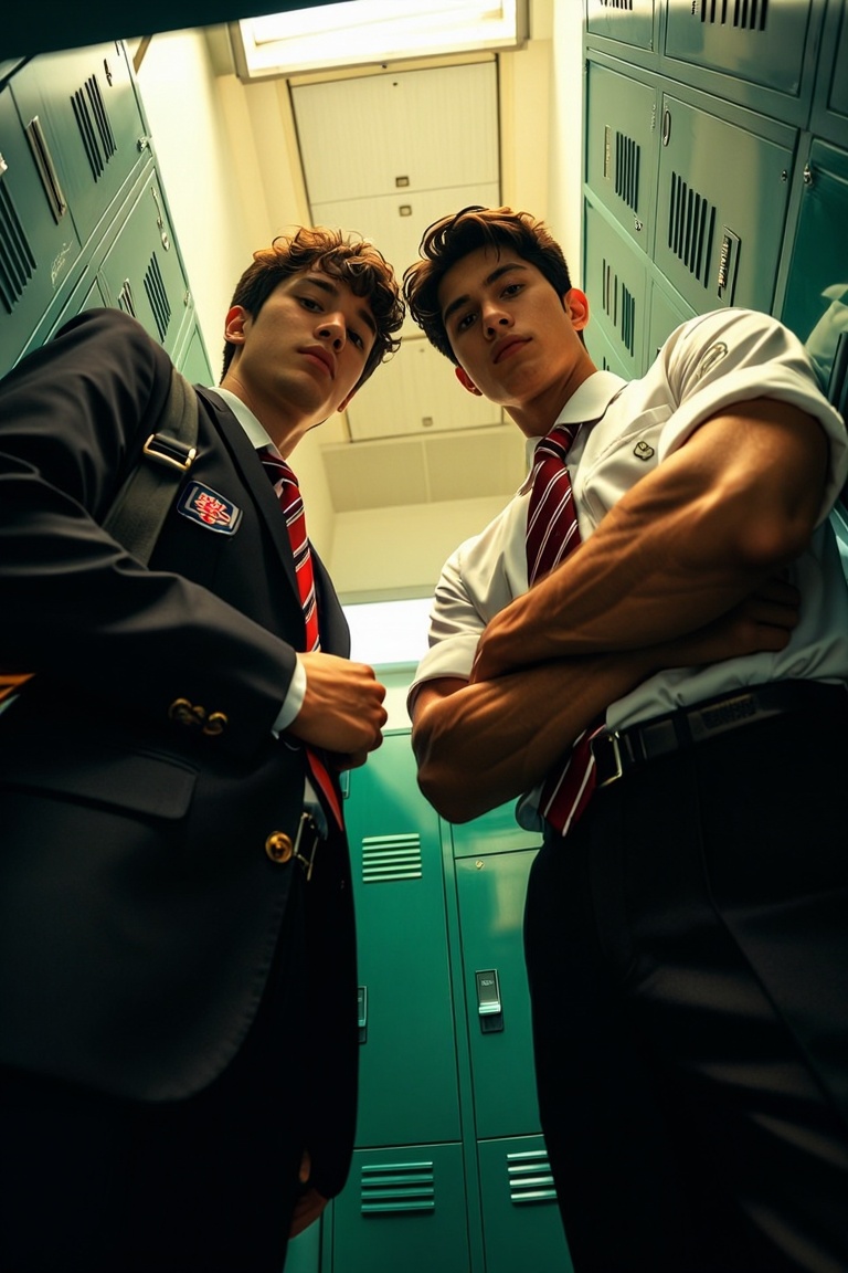 [Subject] The image depicts two individuals standing in front of green lockers. The person on the left is wearing a dark s...