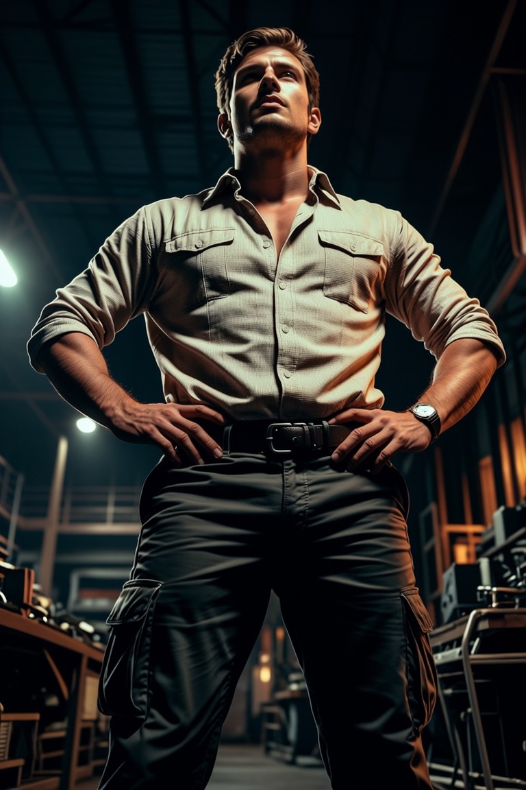 [Subject] The image shows a man standing confidently in a dimly lit industrial or workshop-like setting. He is wearing a b...