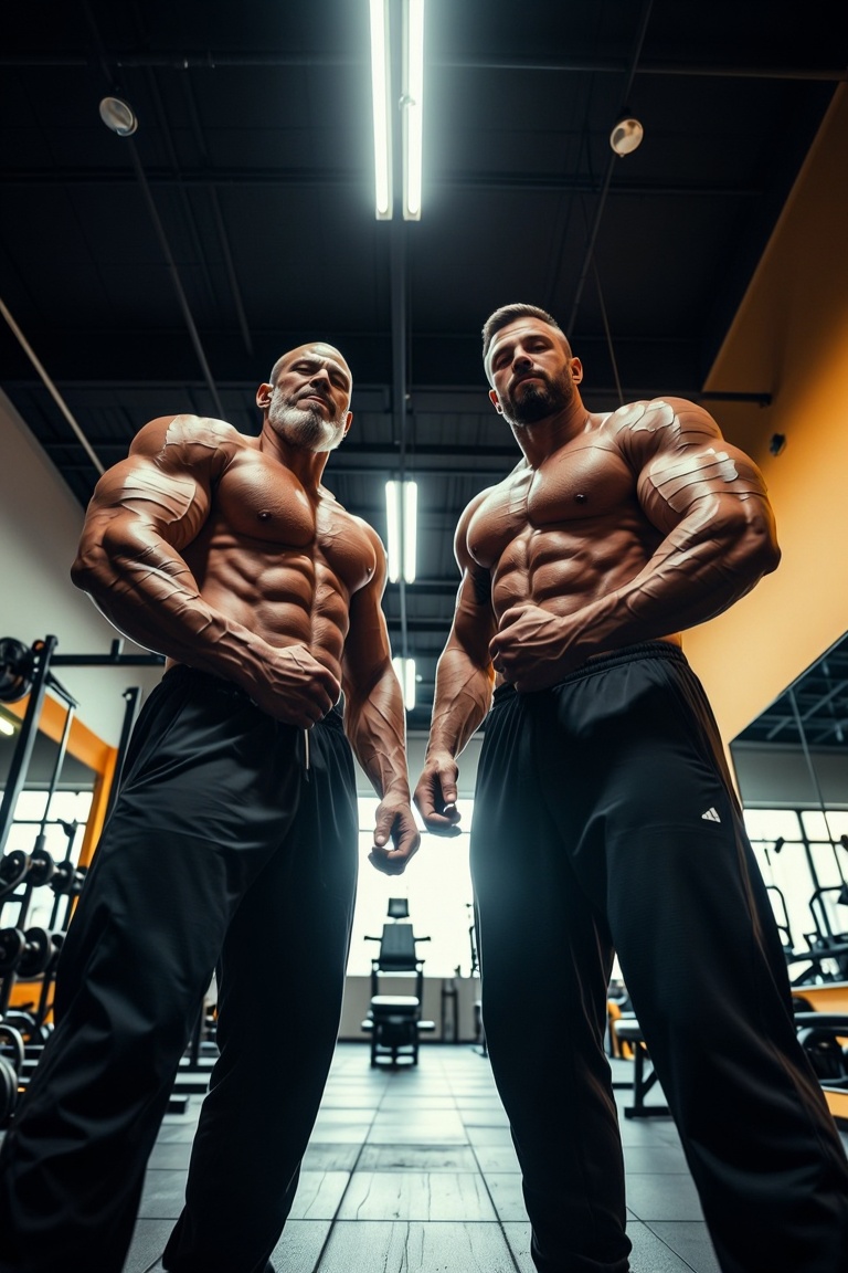 [Subject] The image shows two men standing side by side in a gym. They are both muscular and appear to be posing for a pho...