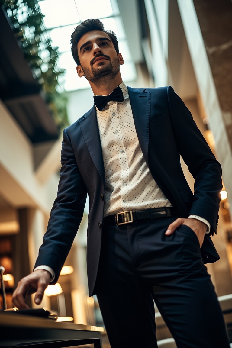 [Subject] The image depicts a man standing indoors,  dressed in a formal suit. He is wearing a dark blue blazer,  a white...