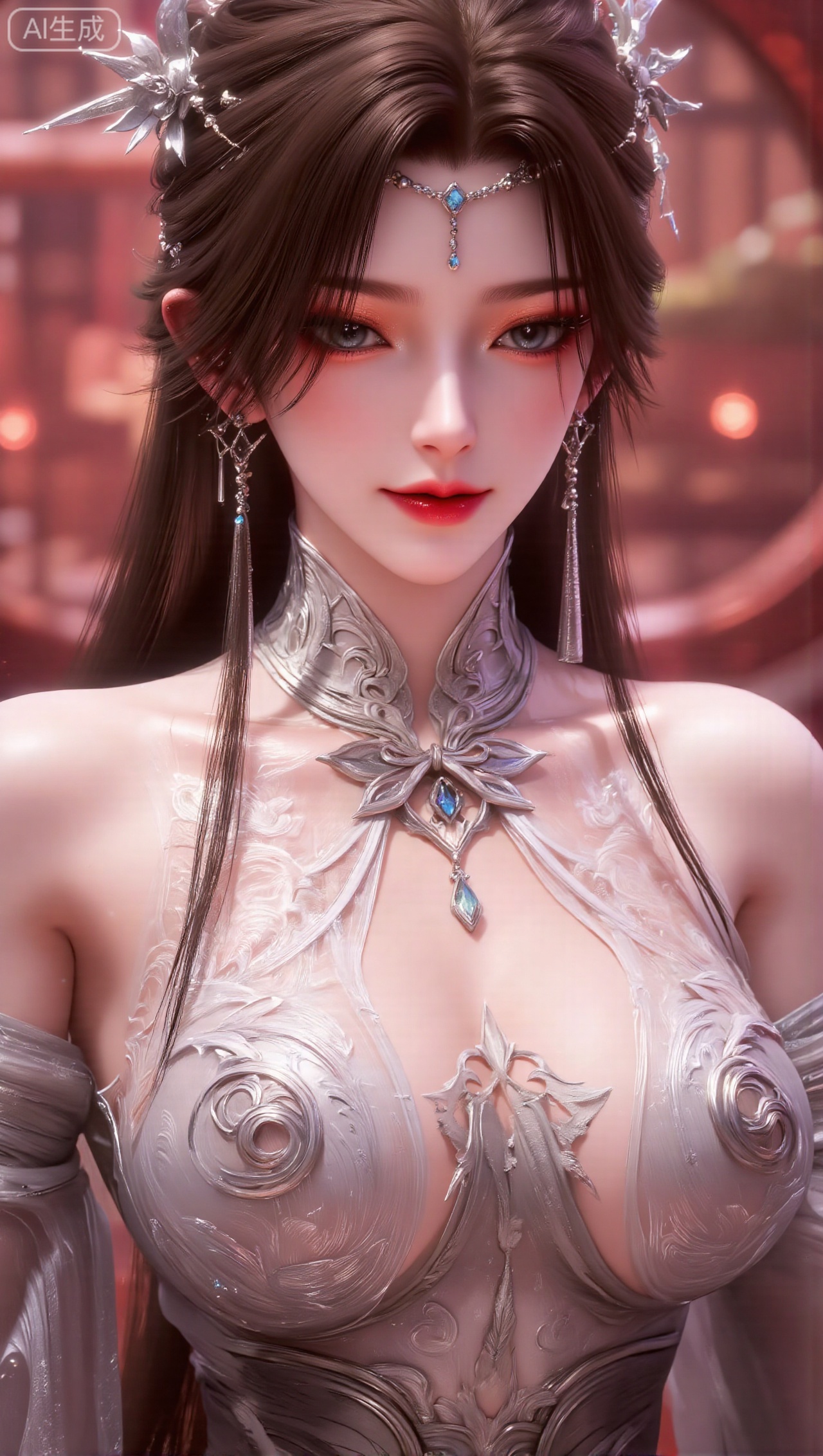 Full body portrait of a woman with half-bundled brown and black hair, broken hair hanging down her cheeks, delicate eyebrows and eye makeup, bright red eye makeup, full red lips, delicate and shiny skin, light colored patterns on her neck and shoulders, a cold and charming expression, her head tilted slightly with her eyes lowered, clothing and accessories, wearing ancient clothing with silver and white as the main color, clothing Designed with hollow carvings and streamlined textures, it combines metallic texture and silk luster. It has an off-shoulder slim fit. The neckline and body are embossed with complex curly grass patterns and cloud patterns. She wears a silver hollow branch-shaped hair accessory with a thin chain forehead ornament, long silver tassel earrings hanging between the ears, and the accessories are inlaid with fine blue and white crystal stones. The overall accessories and clothing texture In response, the background is an ancient scene in red and pink tones, with blurred palace/pavilion building outlines, embellished with warm-toned light spots (bokeh effect), the background is blurred, highlighting the main body of the characters, and the overall tone is warm pink and silver and white, creating a hazy and gorgeous fantasy atmosphere. The image quality and rendering details are 8K ultra-high-definition resolution, realistic 3 3D modeling rendering, PBR physical material texture (the cold luster of metal, the smoothness of fabric, the transparency of skin), soft side light to highlight the outline of the character, the edge of clothing has a streamer texture stroke effect, moderate color saturation, sharp contrast, and full details (clear hair roots, clear clothing texture, skin pore-level texture)