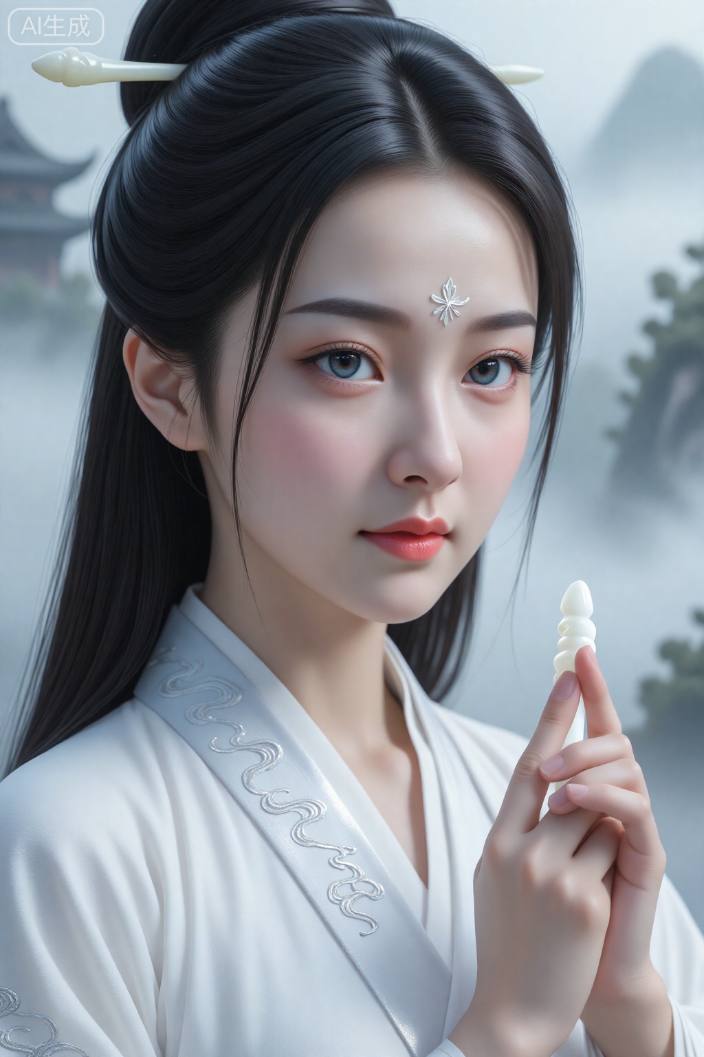 玄幻美女面部特写,清冷道姑,墨色长发松挽道髻,仅插一支素白玉簪,额间贴银纹清心花钿,眉峰清冷眼瞳澄澈如秋水,眼尾微垂自带淡然仙气,唇色浅粉无妆感,身着月白镶银边道袍,衣领绣流云暗纹,指尖轻捏白玉道诀,背景是云雾道观虚化朦胧,柔光漫脸,8K 超高清,皮肤通透细腻,发丝柔顺有光泽,道法微光萦绕眉睫,仙气干净清冷。
