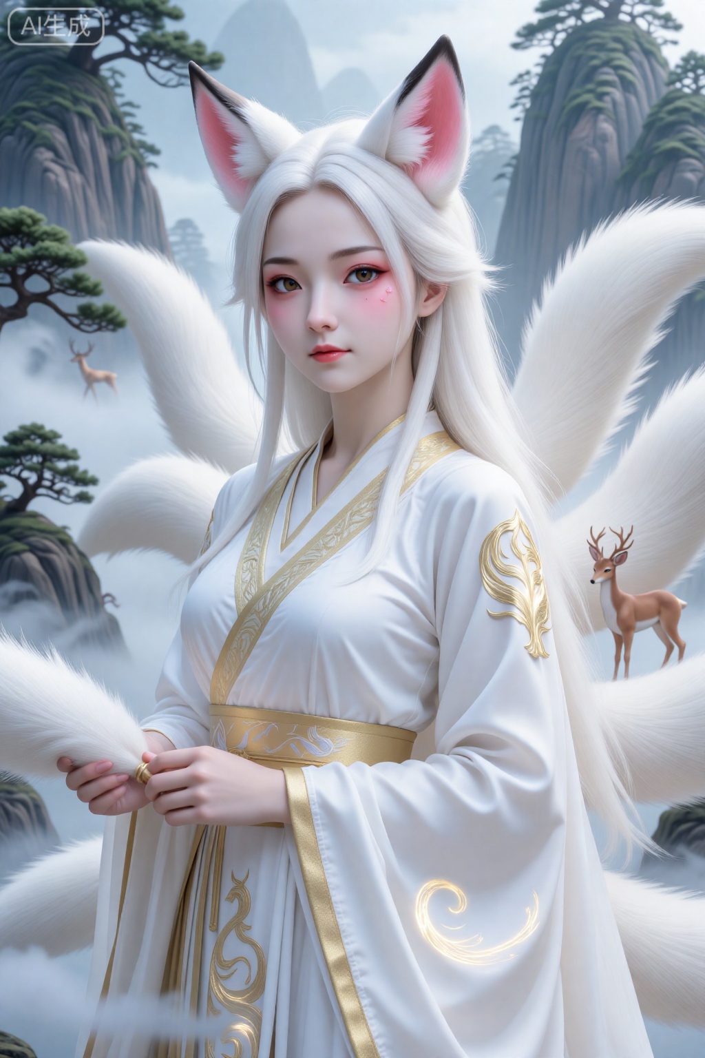 玄幻狐族圣女特写,九尾天狐,雪白发丝垂落肩头,耳尖带粉色狐耳（毛茸茸质感）,眼尾斜飞带桃花妆,眼下点淡粉泪痣,身着月白镶金边广袖流仙裙,裙摆绣九尾狐图腾（带金色光晕）,手持白玉拂尘,背景是云雾缭绕的狐族圣山,古松挺拔,灵鹿漫步,柔光漫射,8K 细腻画质,皮肤白皙如雪,狐耳绒毛清晰可触