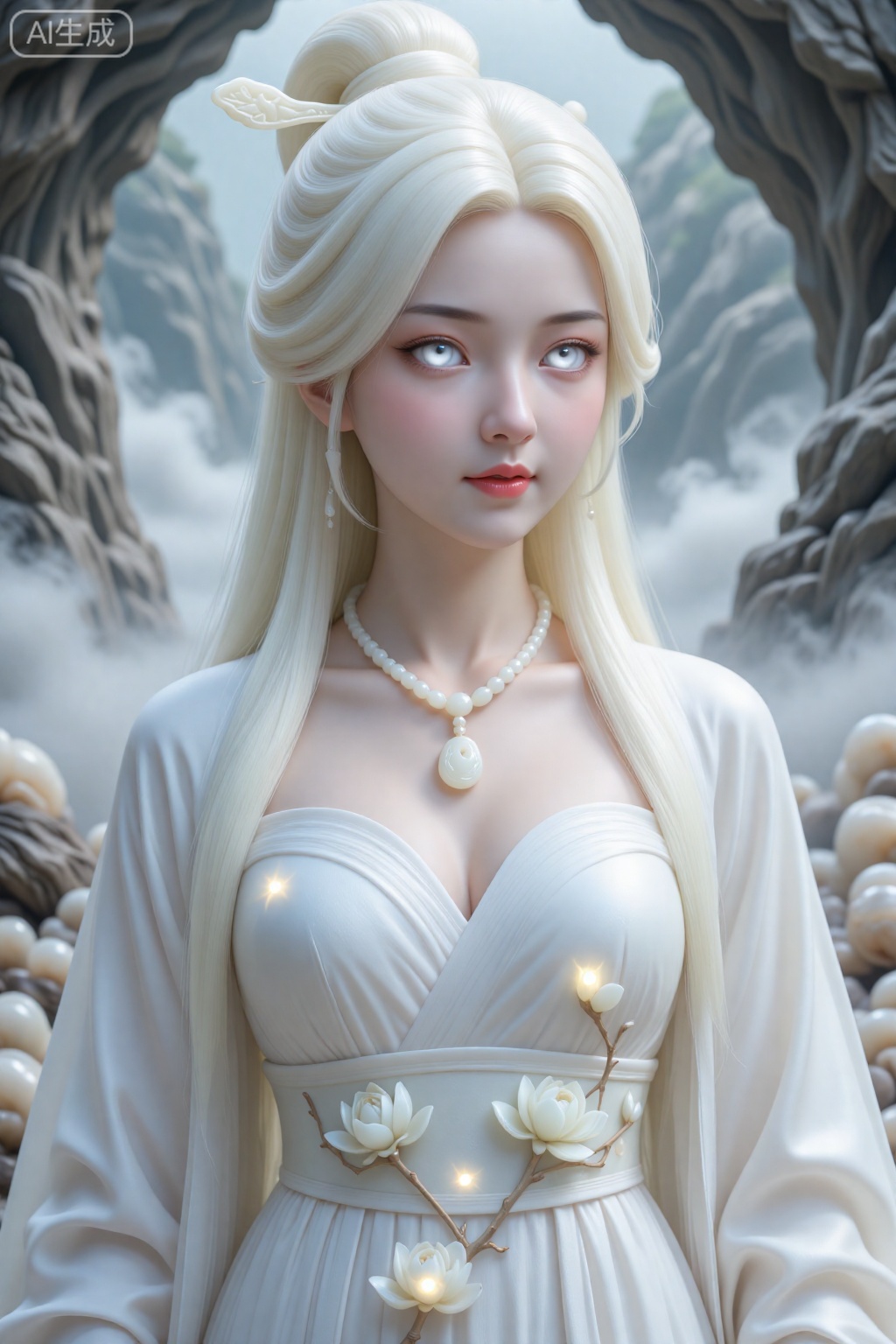 玄幻玉灵特写,玉石化成的美女,乳白色长发如羊脂玉般温润,发间插羊脂玉簪（刻缠枝纹）,眉骨处泛淡白玉晕,眼瞳是通透的白玉色（带柔光）,唇色是淡粉玉色,身着白玉色广袖流仙裙（裙摆绣玉兰花,泛柔光）,颈间戴白玉项链（坠玉如意）,背景是云雾缭绕的玉石山洞（虚化）,遍地美玉生辉,柔光漫射,8K 细腻画质,皮肤如羊脂玉般温润细腻,发丝泛玉质光泽,服饰纹理如玉石雕刻