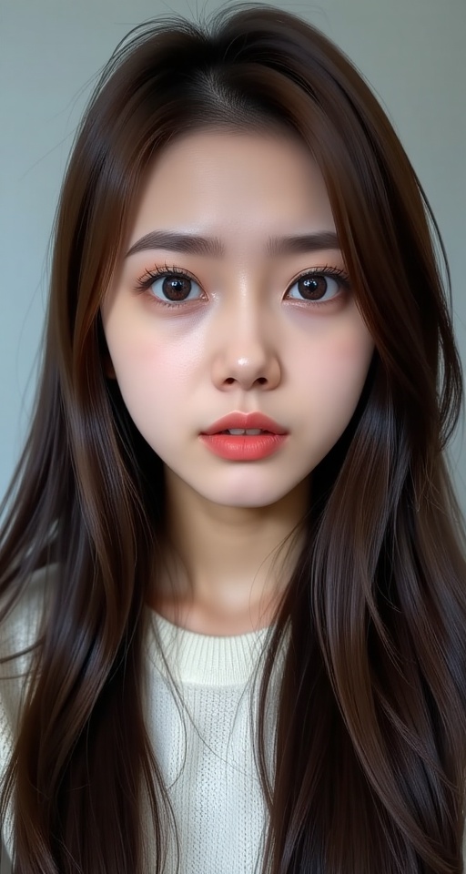 1girl solo long hair looking at viewer brown hair black hair parted lips black eyes lips portrait forehead realistic ,  ab...
