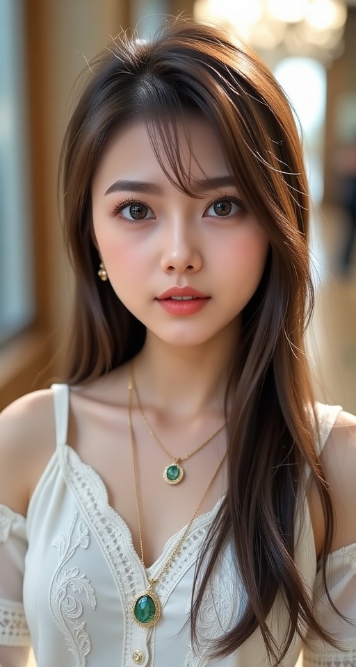 1girl solo long hair looking at viewer brown hair brown eyes jewelry necklace lips realistic ,  abg,  add more detail on T...