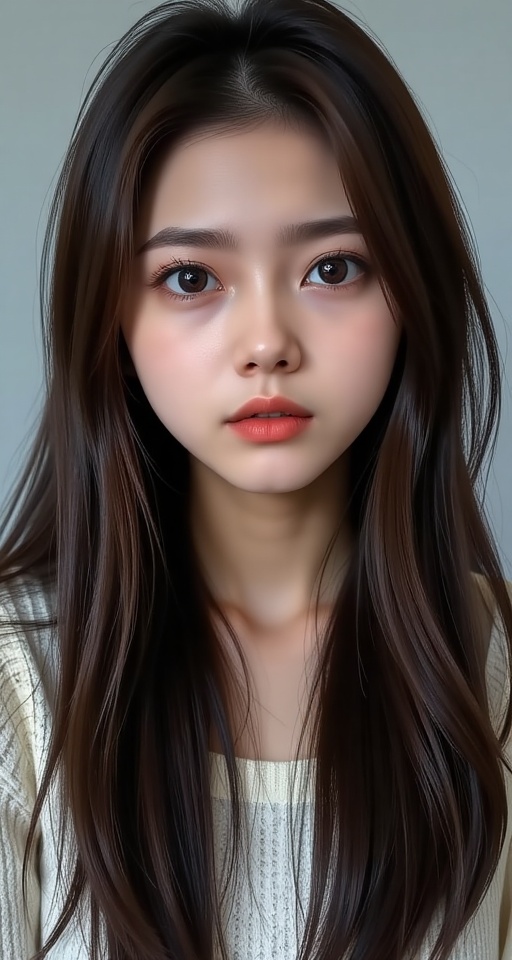 1girl solo long hair looking at viewer brown hair black hair closed mouth black eyes lips expressionless portrait realisti...
