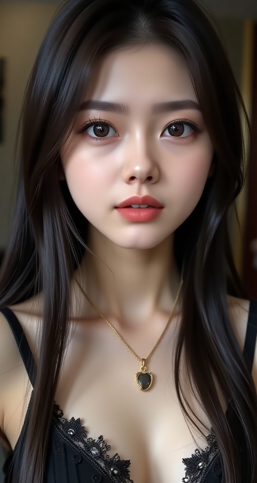 1girl solo long hair looking at viewer black hair jewelry upper body necklace lips realistic ,  abg,  add more detail on T...