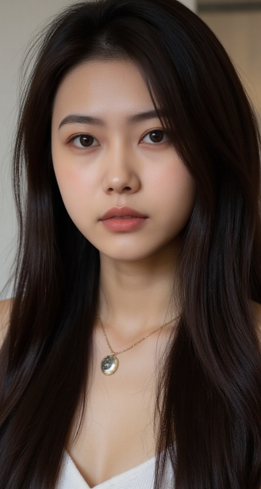 1girl solo long hair looking at viewer black hair jewelry upper body necklace lips realistic ,  abg,  add more detail on T...