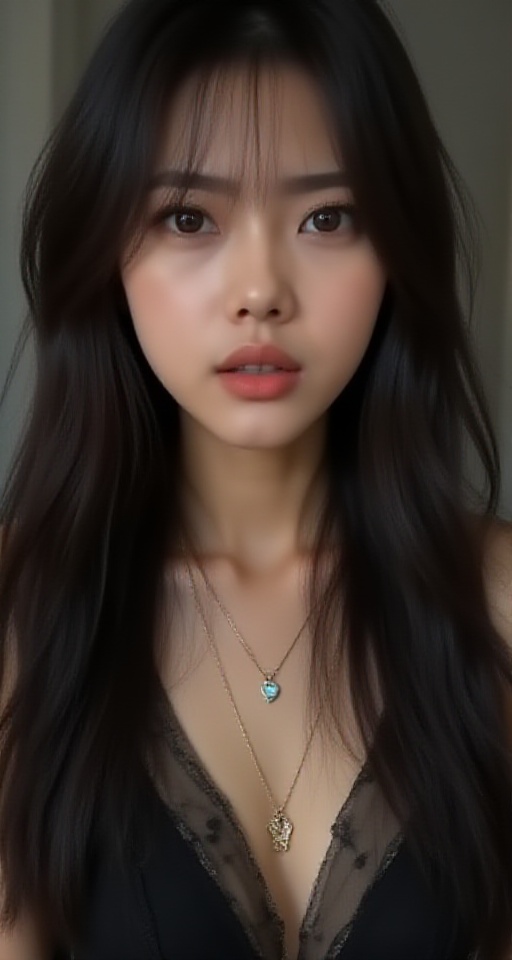 1girl solo long hair looking at viewer black hair jewelry upper body necklace lips realistic ,  abg,  add more detail on T...