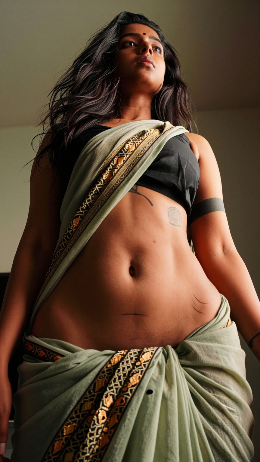 A worm’s-eye view low-angle shot captures a Mallu tattoo young slim woman with a seductive expression. Extreme low rais Lo...