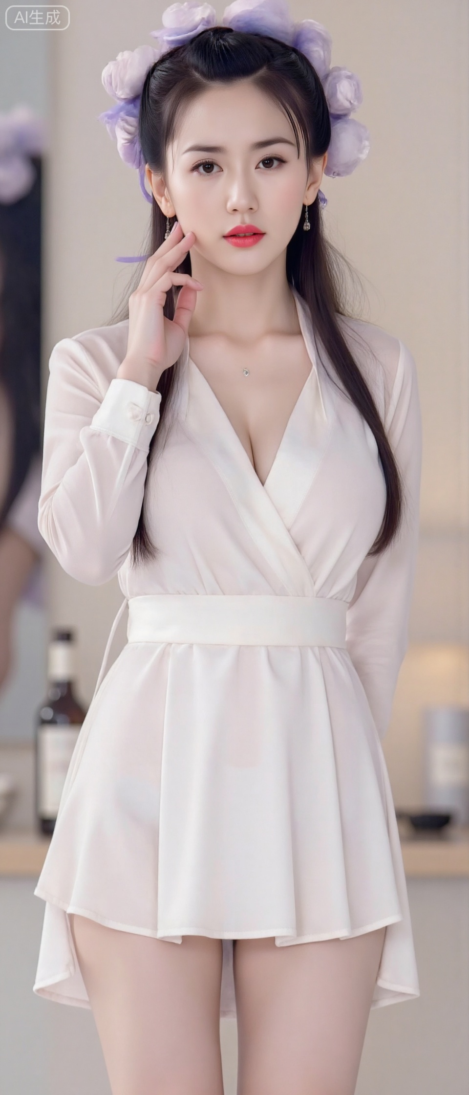 真实照片级细节,去AI 感,极具冲击力壁纸风,创建一个1girl的图像,其上半身裸露,身材性感且丰满,拥有36F的巨大乳房,皮肤白皙。1girl, solo, long hair, breasts, looking at viewer, brown hair, long sleeves, dress, cleavage, brown eyes, standing, full body, pantyhose, indoors, white dress, high heels, lips, bottle, reflection, white pantyhose".,眉间点缀梅花红印,,表情要丰富。索尼A7R5,50mm f/1.2,ISO 200,快门1/160s,残烛暖光+ 冷色侧光,刺绣纹路、配饰划痕清晰,真实毛发质感,自然美颜不失真。