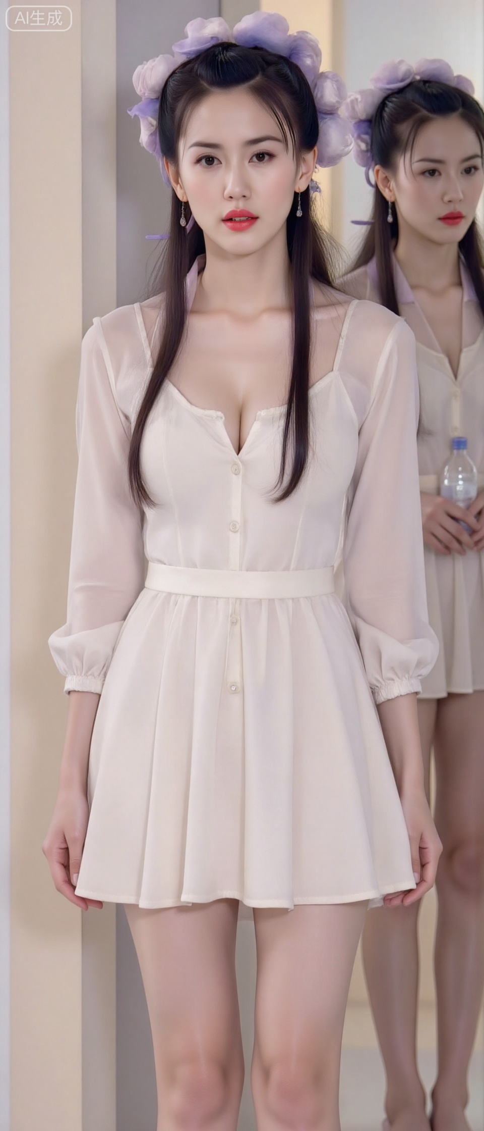 Create a full-body image of a lone girl with long, brown hair and expressive brown eyes, standing indoors. She wears a white dress with long sleeves and high heels, showcasing her cleavage and accentuating her figure. Her lips are painted in a subtle shade, enhancing her allure. In her reflection, she is holding a bottle, adding a touch of mystery and depth to the scene. The image should have a soft, ethereal quality, with a focus on her gaze directed towards the viewer, creating an intimate and captivating atmosphere. Use a smooth, flowing style with detailed pantyhose and a clean, modern aesthetic.