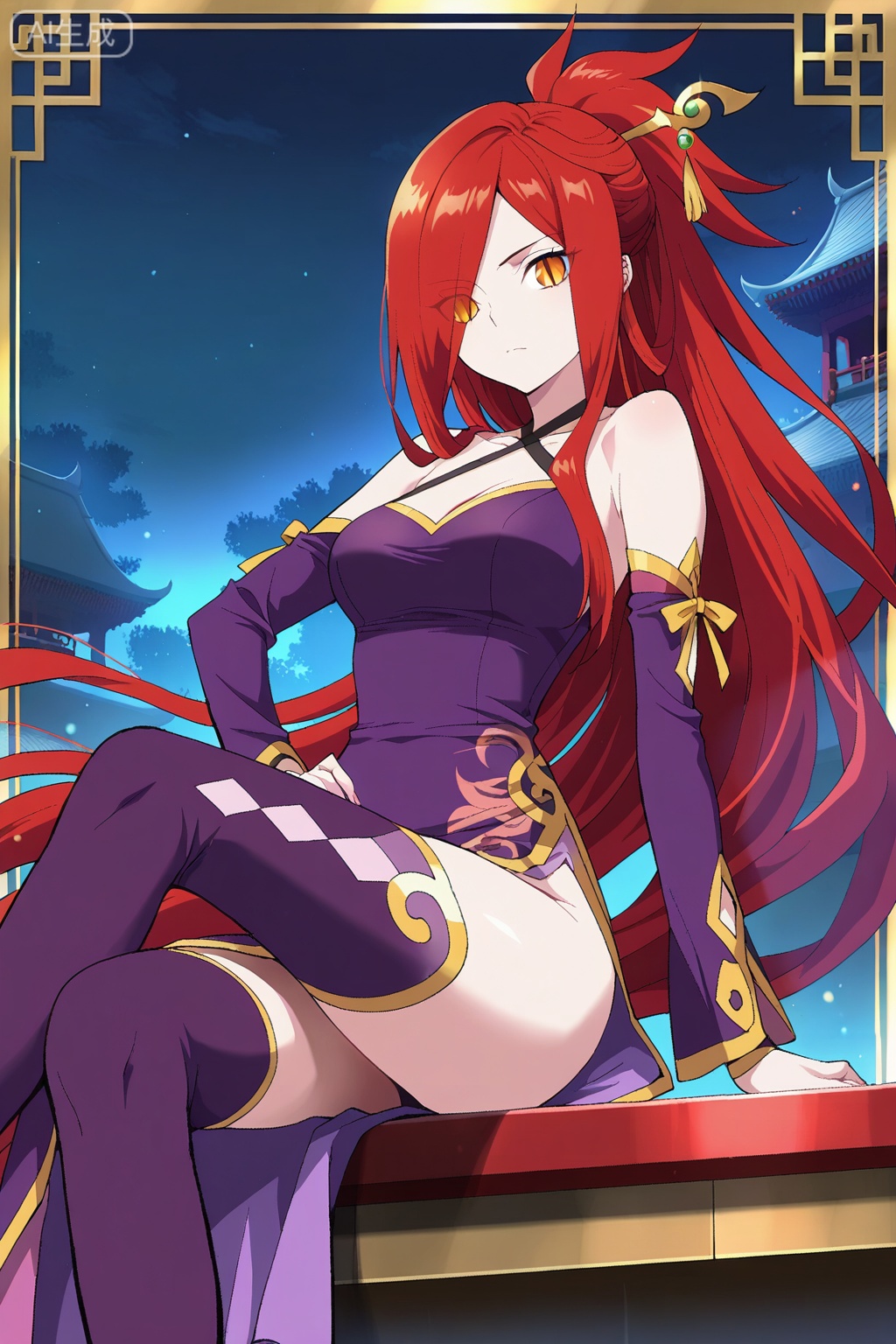 彩灵,masterpiece,best quality,official art,extremely detailed CG unity 8k wallpaper,1girl, solo, slit pupils, yellow eyes, orange eyes, very long hair, red hair, ponytail, hair over one eye, eyes visible through hair,purple dress, detached sleeves, purple thighhighs, toeless legwear, bare shoulders, cleavage, criss-cross halter, collarbone,chinese clothes, dress, detached sleeves, bare shoulders, hair ornament, purple thighhighs, purple boots