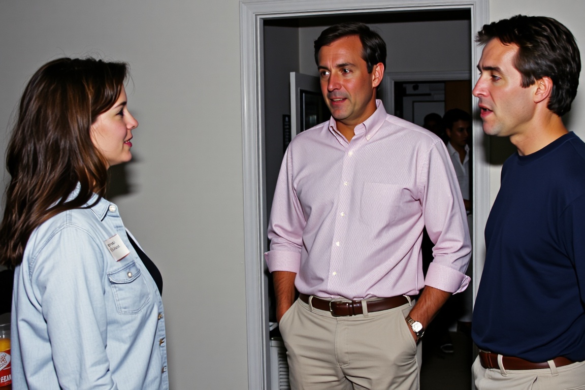 a medium shot of a group of people conversing indoors. A woman in a denim shirt with a name tag stands on the left,  liste...
