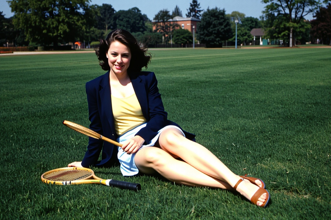 a woman sitting on a green grassy lawn,  holding a wooden tennis racket. She wears a navy blazer over a yellow top,  a lig...