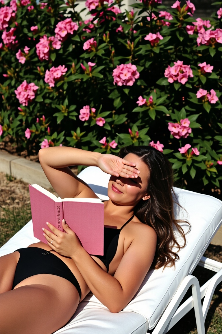 A sun-drenched outdoor shot of a tanned woman lying on a white lounge chair. She has one arm covering her eyes to shield t...