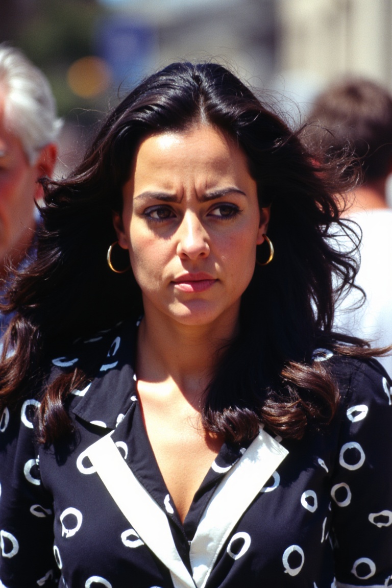 A candid street photograph taken in Italy during the late 90s. A beautiful woman with voluminous dark wavy hair and gold h...