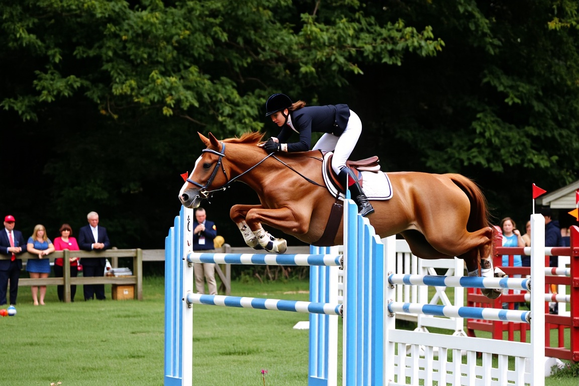 an outdoor action shot of a rider on a brown horse jumping over a blue and white fence obstacle. The rider wears a black e...