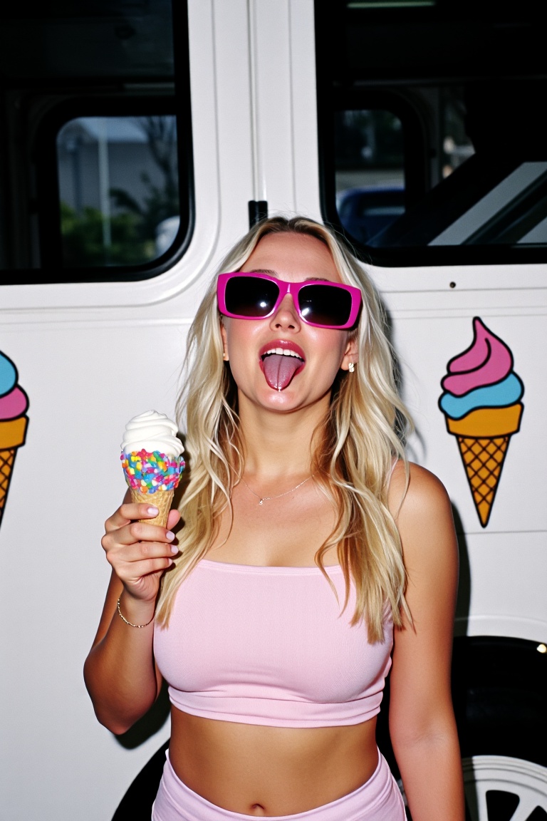 A cool,  rebellious portrait taken in front of a white ice cream truck with waffle cone illustrations. A blonde woman wear...