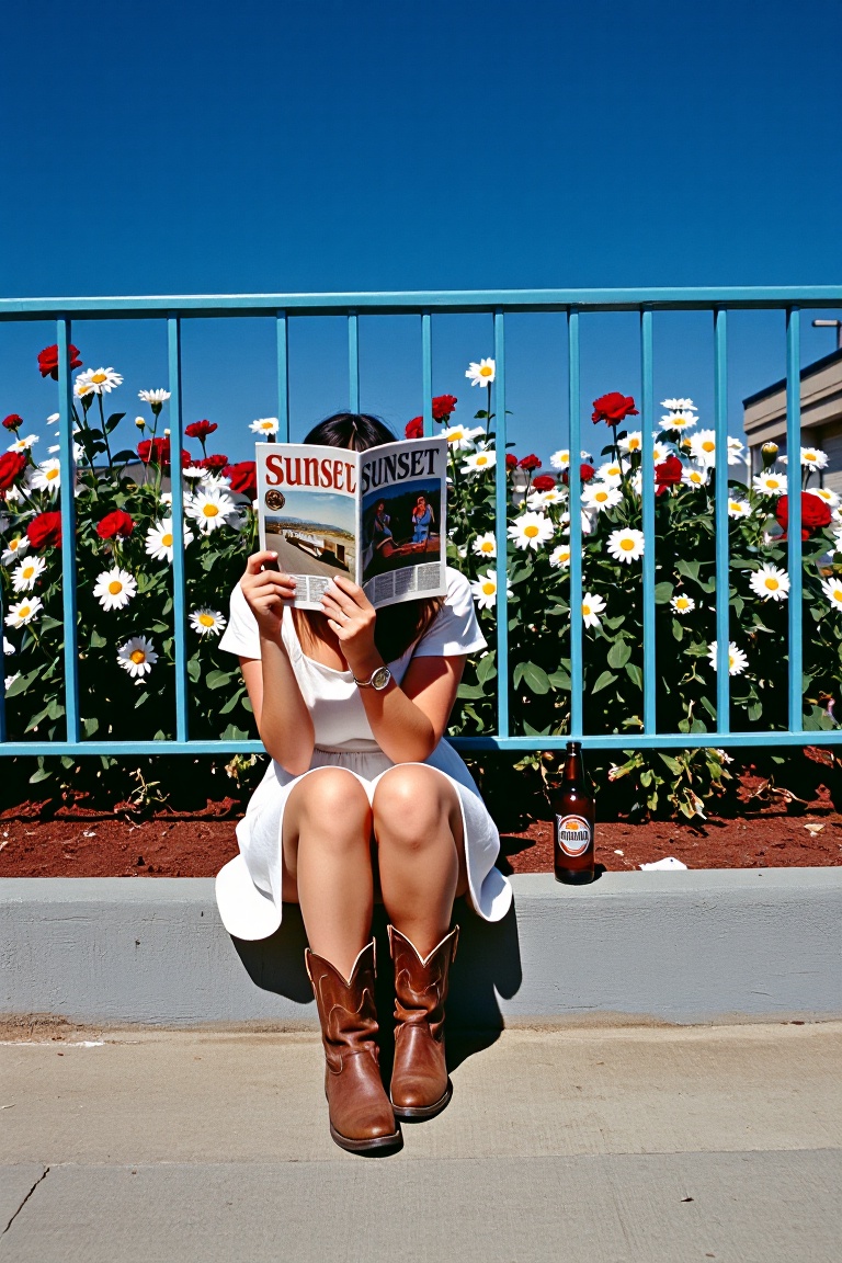 A bright,  sun-drenched outdoor shot with a vintage aesthetic. A woman sits on a low concrete curb with her legs extended...