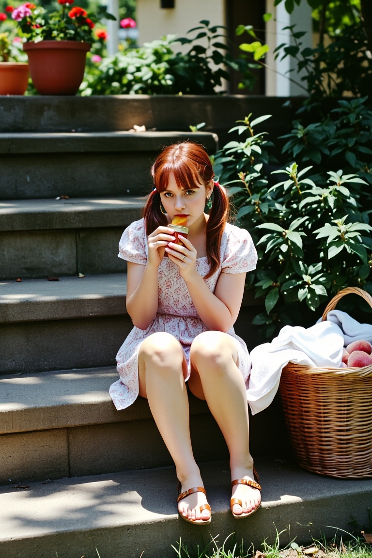 A cinematic medium nostalgiccore shot of a young woman sitting on stone garden steps on a sunny afternoon. She has reddish...