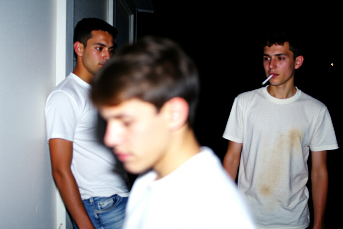 a candid night shot of three young men standing outdoors. The man on the left leans against a white wall,  wearing a white...