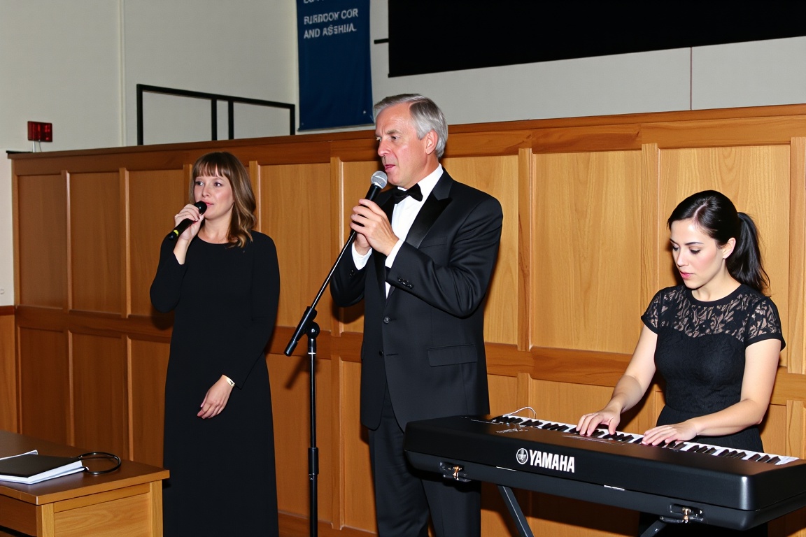 a medium shot of a performance on a stage with wooden paneling. On the left,  a woman in black sings into a microphone. In...