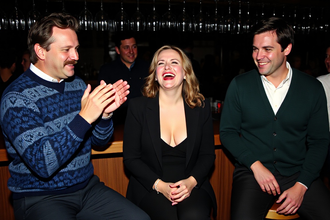 a candid group shot of three people sitting at a bar counter. On the left,  a man with a mustache in a blue patterned swea...