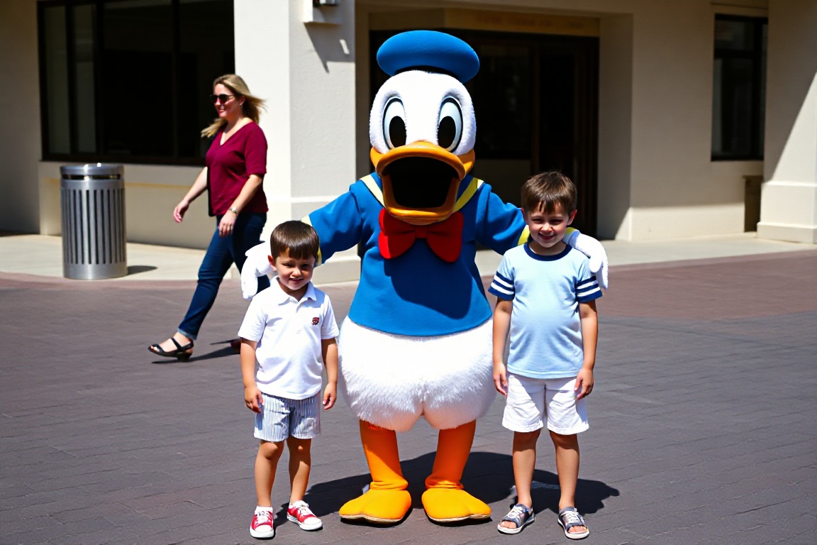a full-body shot of a Donald Duck mascot character posing with two young boys on a paved walkway. The boy on the left wear...