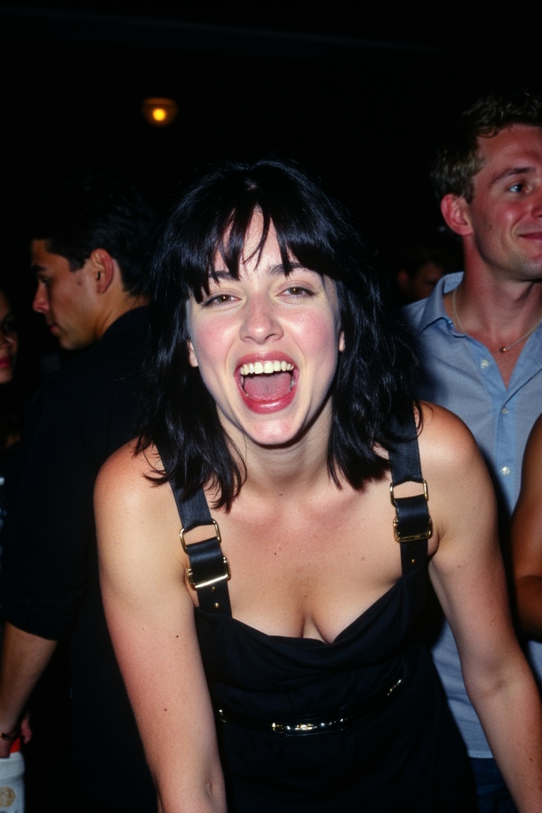 A raw,  candid flash photograph of a 90s 'it girl' at an after-party. She has pale skin,  messy shoulder-length black hair...