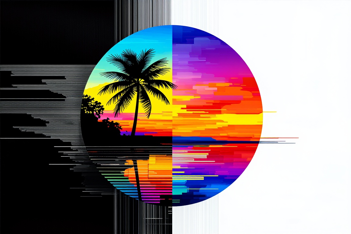 Sunset lines form with coconut tree,  Colorful clouds and rivers,  Fine fabric texture on Tensor.Art