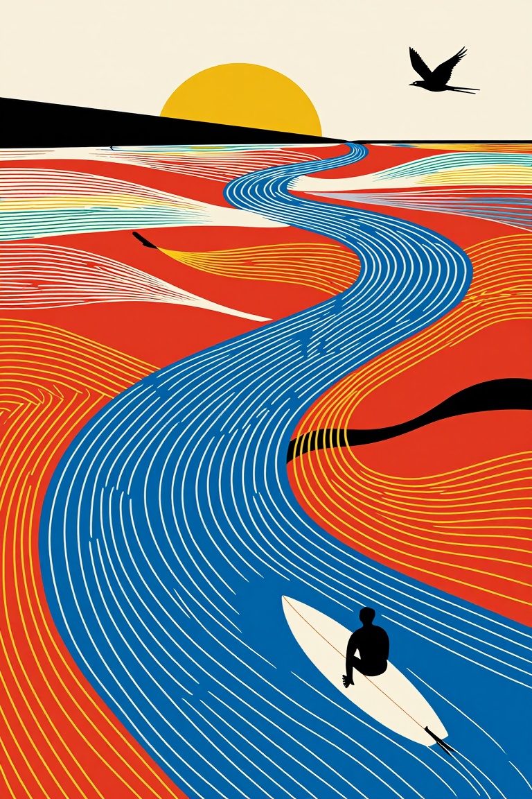 The backs of a man are the main part of the picture surfs on a river,  surrounded by an endless beach. The waves create in...