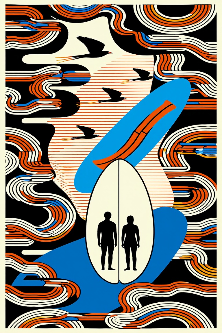 The backs of a couple are the main part of the picture,  a couple surfs on a river,  surrounded by an endless beach. The w...