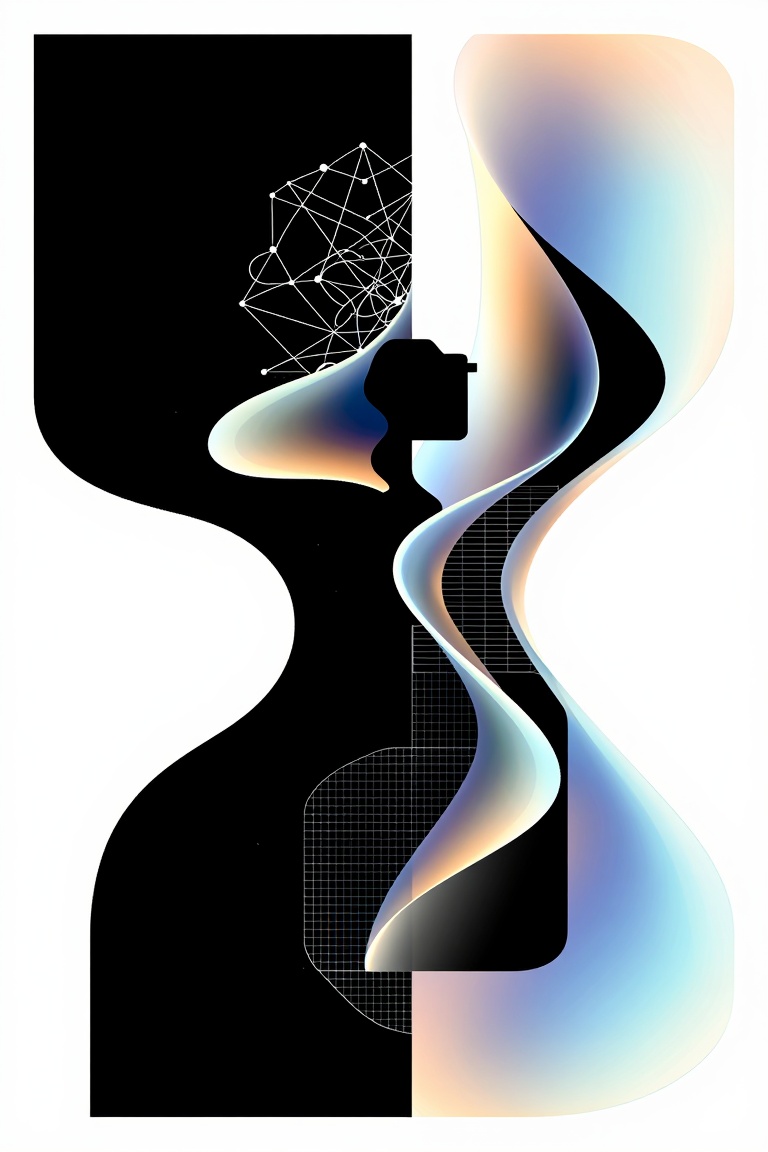futuristic artistic poster for sleek sci-fi atmosphere,  camera silhouette partially dissolving into AI neural network par...