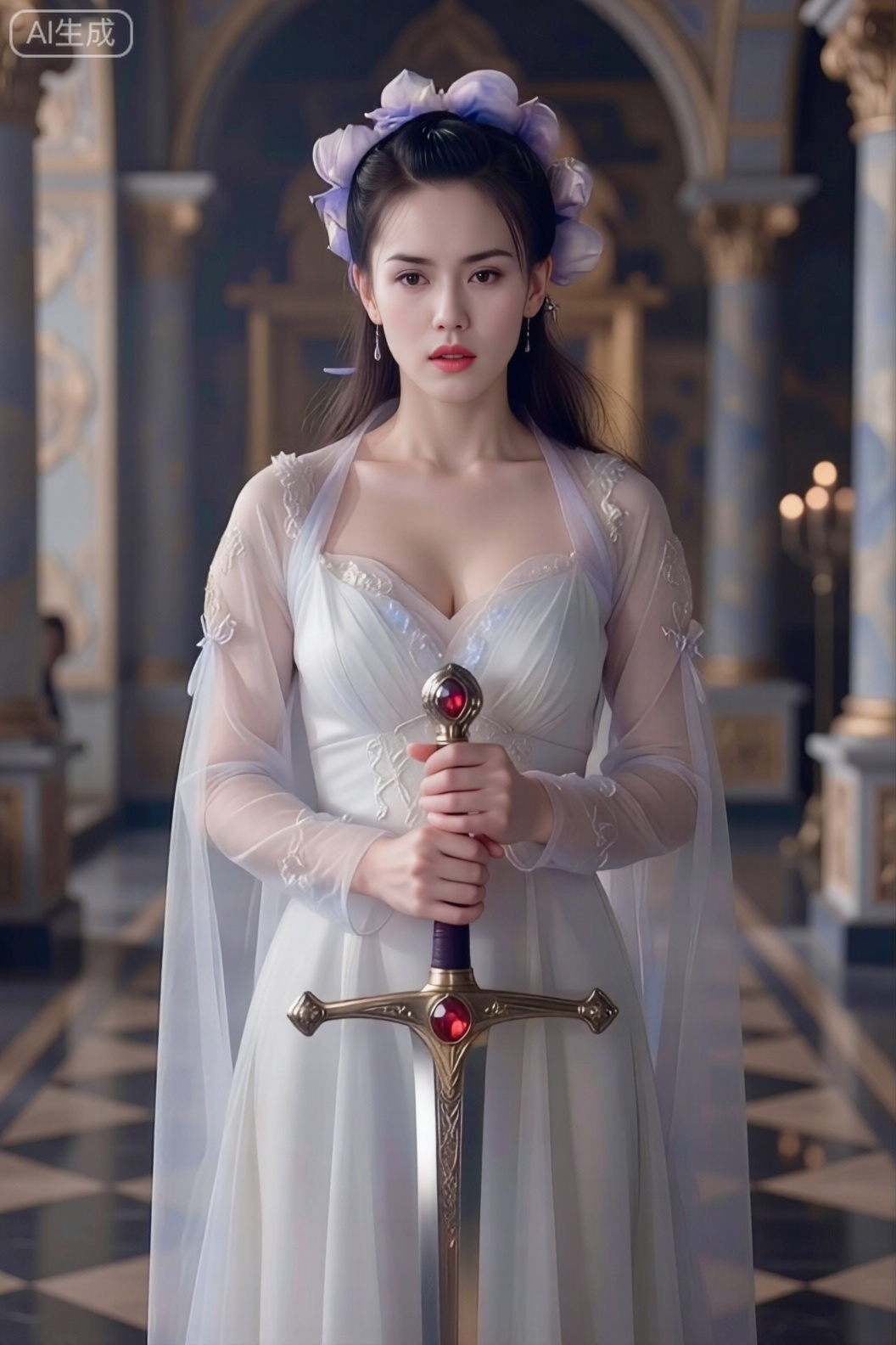Demon princess, standing in the grand palace, wearing a pristine white dress and holding a red gem-studded long sword with a cold and arrogant face. ((ultra realistic photograph)), (highest quality 8K resolution), [intricate details: skin pores, eyelash strands, fabric texture], [lighting: cinematic rim lighting + soft diffused key light], depth of field f/1.4, Hasselblad H6D-400c, [color grading: muted tones with warm/cool contrast], hyperrealistic human anatomy, natural body posture, environment reflection in eyes, [texture contrast: matte skin vs glossy lips], film grain simulation, Academy Color Encoding System, Low-key Rembrandt lighting with chiaroscuro effect, full-body shot from head to toe, full-length portrait, entire figure visible, complete anatomy showing feet to head, (photorealistic:1.3).high details photo taken with a Canon EOS R6 Mark II Mirrorless camera in the style of 35mm f/8 aperture, intricate details.dlrb,hsw,wet,water,large natural breast,soft breasts,zlyhuge Breast FFSZ, large natural breasts, soft and graceful.,shiny pantyhose,huge Breasts,cleavage