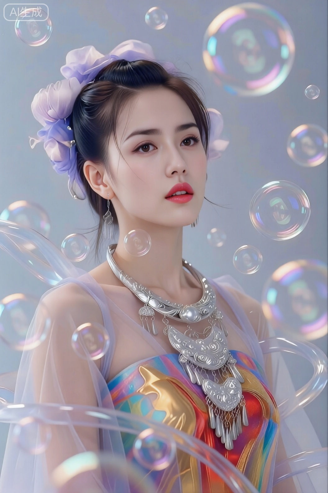 surrounded by bubbles,bubble, This girl has short brown hair, a slim figure, and a delicate face. She is wearing a colorful dress adorned with transparent tulle, which looks fashionable and full of personality.necklace,洁白如雪的干净无暇皮肤,佩戴银色金属质感的繁复华丽苗族银饰,身着金红流体服饰,周围有无数透明水质感螺旋线条,背后是干净简洁的纯色背景。超现实人像绘画,特写,低角度强镜头畸变,镜头炫光,赛博风、未来感、意识流、科幻风格。 朦胧、圣洁、神圣、丧、压抑、压迫感氛围,银色金属质感、低饱和、梦幻感、玻璃质感、瓷制感、高级、朦胧美、磨砂肌理、笔触感、肌理感写实、野兽派、弥散渐变、扭曲感、自然动态、充满张力的构图,注重人物能力的特效和粒子效果,透视感强烈,灰色红色配色,真实电影概念图,4K,高清晰,嘴唇油光水润,皮肤高光,画面发光,超高清高品质高质量佳作,画面清晰,先进光线捕捉技术,专业后期处理优化,超越游戏引擎的渲染精度,真实细腻的皮肤质感,大师级影视级图像标准,超写实,真实渲染,真实光影。 高光反光白皙皮肤,明亮感,妖艳,魅惑,冷色系,活体感,HDR,立体感,3D渲染,虚拟引擎超清渲染,消除一切影响清晰度的不良因素,最佳光影效果,妖媚凤眼含光流动,根根分明的纤长睫毛,高饱和水光唇釉,30000k超清肌肤粒子纹理细腻/真实肤质透光泽感,3D,超清细节：肌肤毛孔、肌肤绒毛、唇纹清晰可见,眼波流转。用最先进的技术降噪消锯齿抗模糊将作品做到极致超清。 浓妆艳抹烈焰红唇,肤白貌美,黑发飘逸凌乱,嘴角微扬,精致妆容,大眼,眼线,睫毛,黑色宝石耳环,咖项链,咖宝石手链,888k超高清分辨率,冷色调暗光背景,眼部高细节,超高清肌肤雪白瓷白光超高细节,极致超高清的夸张手法设计美,胸前超高清细节勾勒描绘。