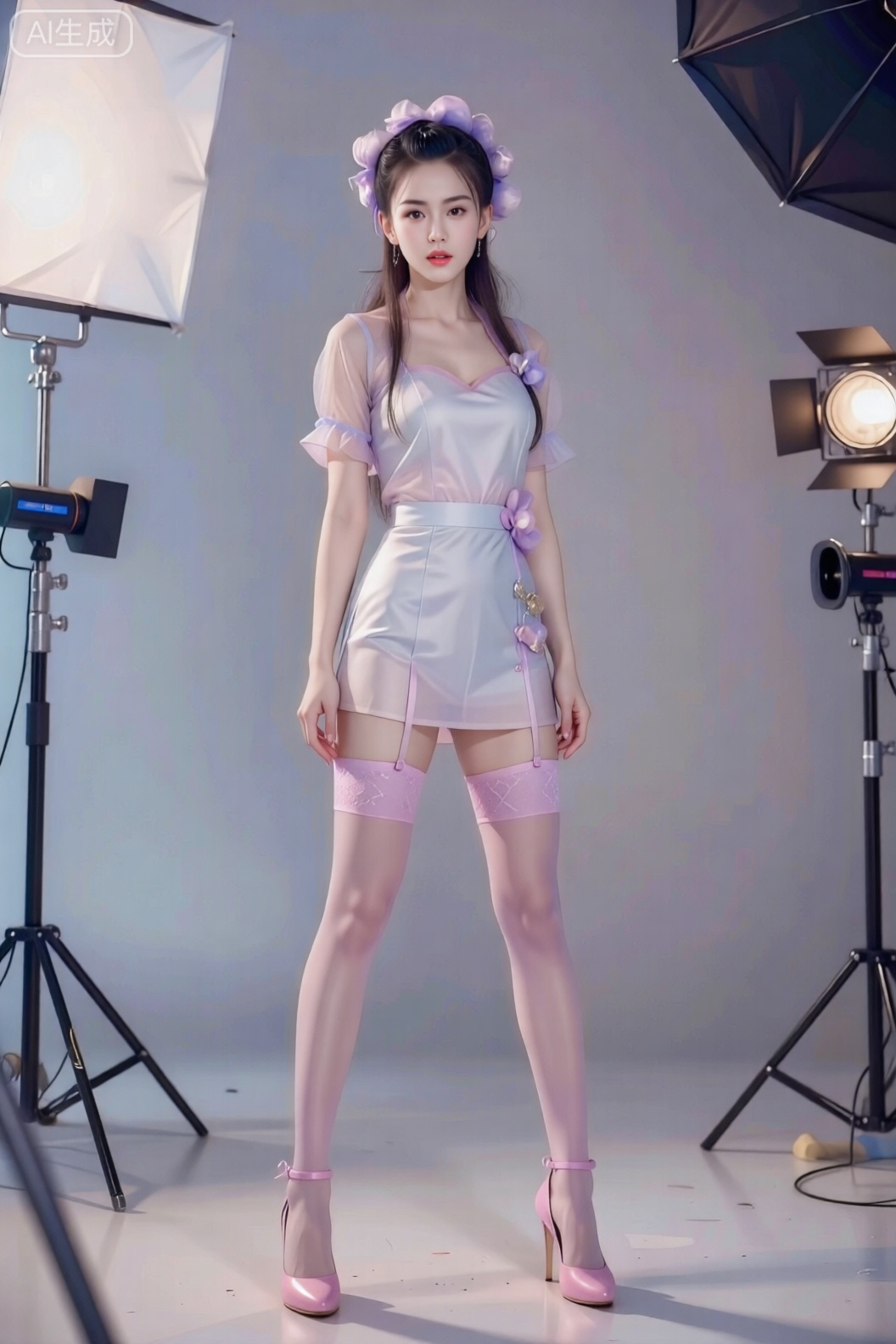 Create an 8K RAW photo of a professional studio setting featuring a striking girl with super long legs, standing confidently. She wears an integrated short skirt with subtle pantyhose enhancement (pink pantyhose:1.2) and a miniskirt, paired with high heels. Her flawless skin and perfect lighting create a backlight effect with illumination pro. The scene captures her grace and beauty, with a modern and elegant style, infused with anime-inspired details reminiscent of Miku. The overall aesthetic is sleek and sophisticated, focusing on her elegance and allure, making this image a true masterpiece.,large natural breast,soft breasts