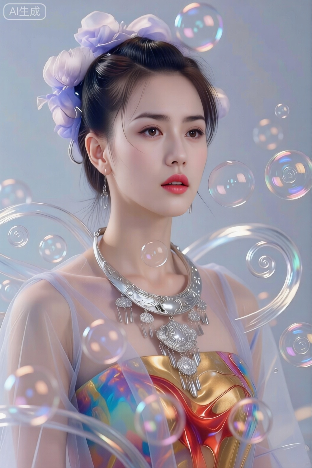 surrounded by bubbles,bubble, This girl has short brown hair, a slim figure, and a delicate face. She is wearing a colorful dress adorned with transparent tulle, which looks fashionable and full of personality.necklace,洁白如雪的干净无暇皮肤,佩戴银色金属质感的繁复华丽苗族银饰,身着金红流体服饰,周围有无数透明水质感螺旋线条,背后是干净简洁的纯色背景。超现实人像绘画,特写,低角度强镜头畸变,镜头炫光,赛博风、未来感、意识流、科幻风格。 朦胧、圣洁、神圣、丧、压抑、压迫感氛围,银色金属质感、低饱和、梦幻感、玻璃质感、瓷制感、高级、朦胧美、磨砂肌理、笔触感、肌理感写实、野兽派、弥散渐变、扭曲感、自然动态、充满张力的构图,注重人物能力的特效和粒子效果,透视感强烈,灰色红色配色,真实电影概念图,4K,高清晰,嘴唇油光水润,皮肤高光,画面发光,超高清高品质高质量佳作,画面清晰,先进光线捕捉技术,专业后期处理优化,超越游戏引擎的渲染精度,真实细腻的皮肤质感,大师级影视级图像标准,超写实,真实渲染,真实光影。 高光反光白皙皮肤,明亮感,妖艳,魅惑,冷色系,活体感,HDR,立体感,3D渲染,虚拟引擎超清渲染,消除一切影响清晰度的不良因素,最佳光影效果,妖媚凤眼含光流动,根根分明的纤长睫毛,高饱和水光唇釉,30000k超清肌肤粒子纹理细腻/真实肤质透光泽感,3D,超清细节：肌肤毛孔、肌肤绒毛、唇纹清晰可见,眼波流转。用最先进的技术降噪消锯齿抗模糊将作品做到极致超清。 浓妆艳抹烈焰红唇,肤白貌美,黑发飘逸凌乱,嘴角微扬,精致妆容,大眼,眼线,睫毛,黑色宝石耳环,咖项链,咖宝石手链,888k超高清分辨率,冷色调暗光背景,眼部高细节,超高清肌肤雪白瓷白光超高细节,极致超高清的夸张手法设计美,胸前超高清细节勾勒描绘。