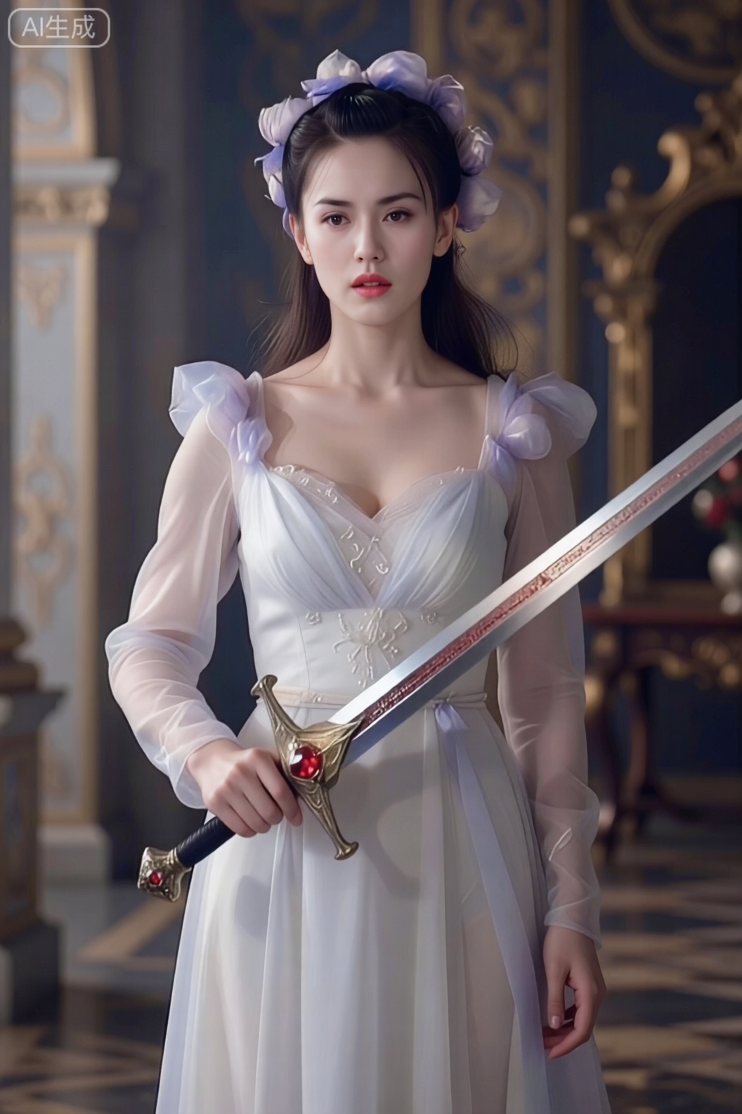 Demon princess, standing in the grand palace, wearing a pristine white dress and holding a red gem-studded long sword with a cold and arrogant face. ((ultra realistic photograph)), (highest quality 8K resolution), [intricate details: skin pores, eyelash strands, fabric texture], [lighting: cinematic rim lighting + soft diffused key light], depth of field f/1.4, Hasselblad H6D-400c, [color grading: muted tones with warm/cool contrast], hyperrealistic human anatomy, natural body posture, environment reflection in eyes, [texture contrast: matte skin vs glossy lips], film grain simulation, Academy Color Encoding System, Low-key Rembrandt lighting with chiaroscuro effect, full-body shot from head to toe, full-length portrait, entire figure visible, complete anatomy showing feet to head, (photorealistic:1.3).high details photo taken with a Canon EOS R6 Mark II Mirrorless camera in the style of 35mm f/8 aperture, intricate details.dlrb,hsw,wet,water,large natural breast,soft breasts,zlyhuge Breast FFSZ, large natural breasts, soft and graceful.,shiny pantyhose,huge Breasts,cleavage